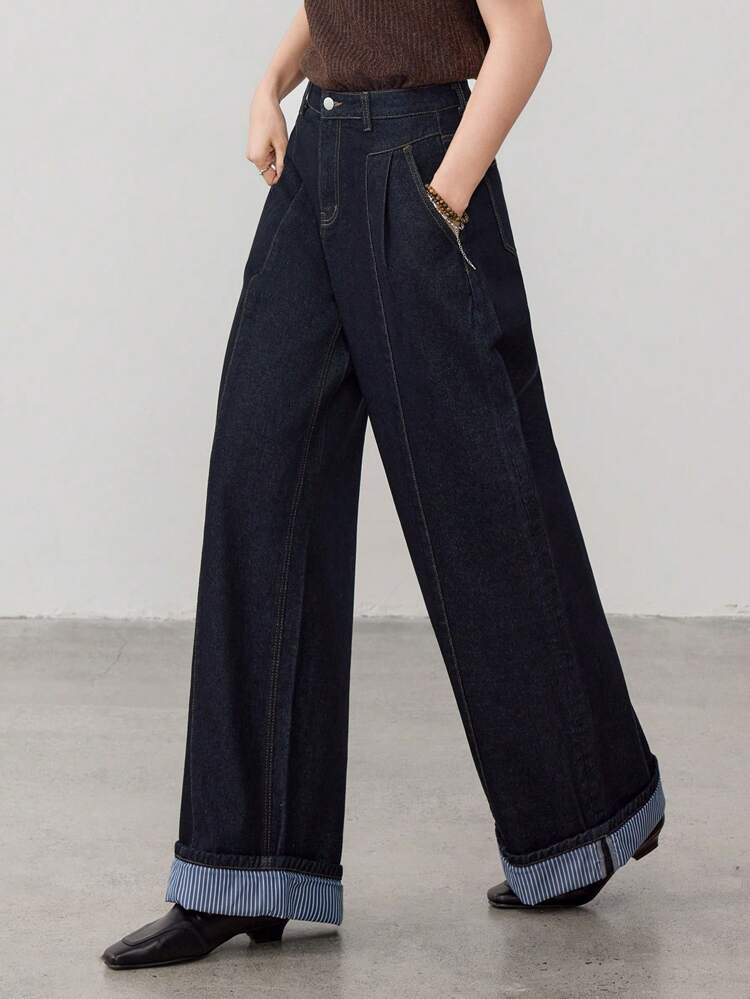 Jeans à jambes larges avec patchwork de couleurs contrastées pour femmes, style business casual chic