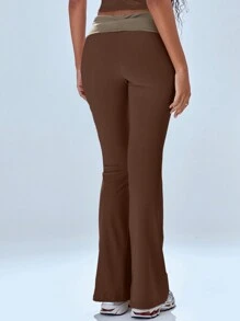 MUSERA Colorblock Elastic Waist Flare Trousers Vacation Summer Cute Casual Chic Elegant - Coffee Brown - View 3