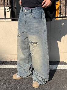 Manfinity ZONE917 男士深蓝色复古水洗宽松阔腿牛仔裤，StreetEZ