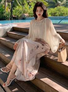DAZY Đầm nữ màu trơn phối họa tiết, cổ tròn, tay dài, dáng ôm thanh lịch, đầm nữ thường ngày, đầm hoa cho nữ - Nhiều màu - Xem 1