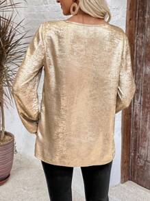 EMERY ROSE Long Sleeve Shirt,Women's Round-Neck Long-Sleeve Elegant Pink Shirt - Gold - View 2