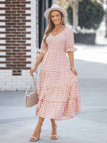 SHEIN LUNE Brown Plaid Print Ruffle Hem Mid-Length Dress For Women,Vacation Outfits Woman - Multicolor - View 5