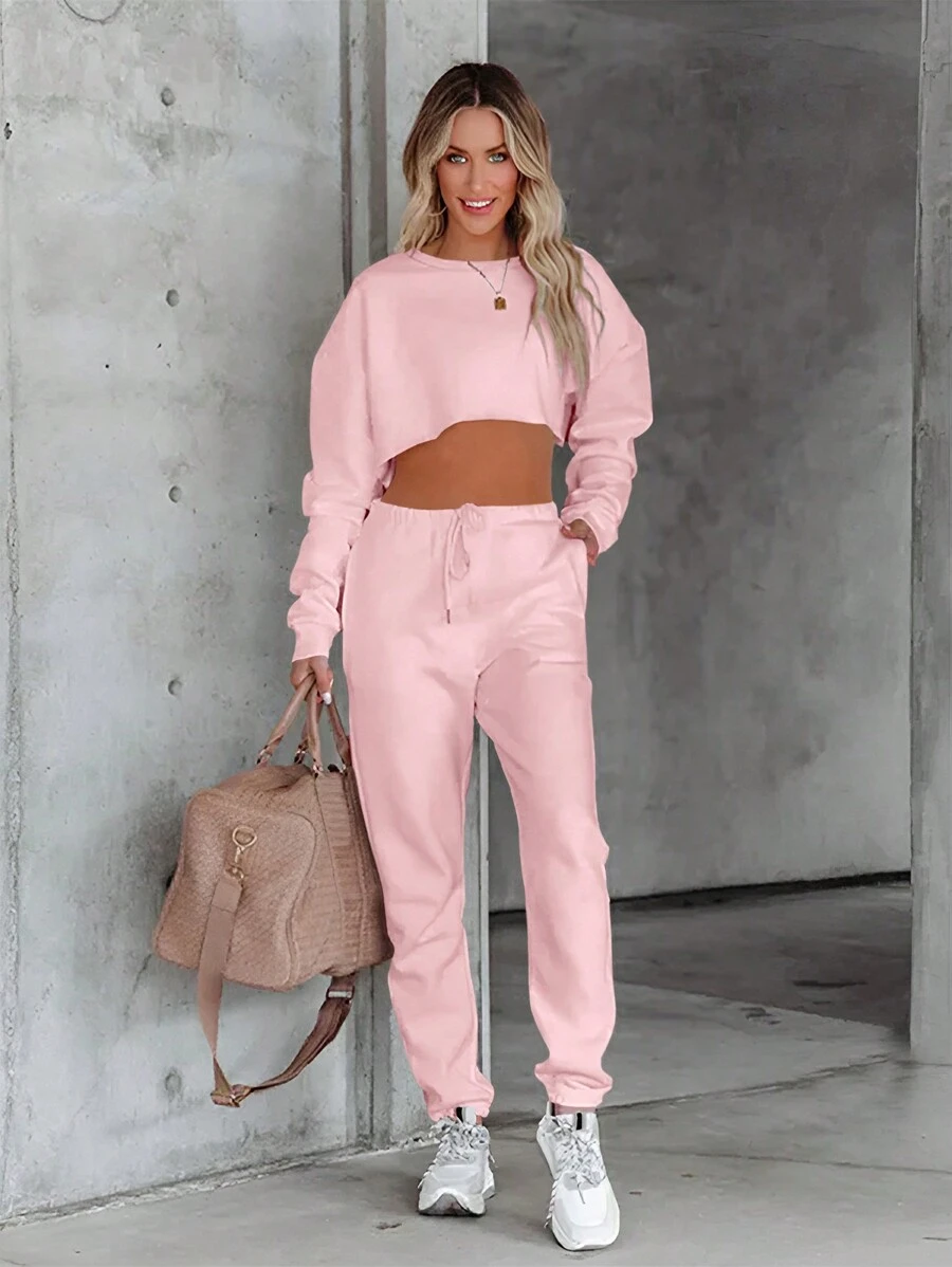 SHEIN Essnce Damen Locker Lässiger Langarm Sport 2 Teiliges Set - Pink - Übersicht 1