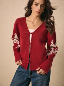Poéselle Women's Floral Print Red Cardigan, Sweater Fall Winter Women Sweaters Fall Long Sleeve Cardigan Vintage Disc Button Cardigan Autumn 2024 AW