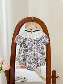 SHEIN LMoss Kids Bodysuit Bayi Perempuan Baru Lahir LMoss Motif Bunga Lucu dengan Hiasan Rumbai, Musim Panas - Putih - View 2