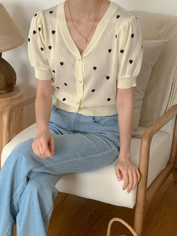 Women's V-Neck Heart Print Short Sleeve Knit Top, Apricot, Spring/Summer