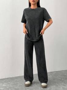 SHEIN PETITE Spring And Summer Home Casual Round Neck Short-Sleeved T-Shirt + Straight Trousers, Old Washed, Fried Snowflakes Loose Suit