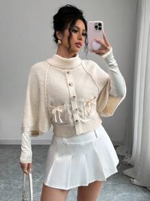 Chiquease 2024 Autumn/Winter New Fashion High Collar Poncho With Bow Pocket Knit Sweater Knit Pullover Fall Outfit