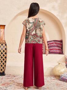 SHEIN Leap Crew Tween 女童休闲圆领印花短袖衬衫和直腿裤 2 件套 - 紅色 - 查看 2