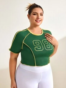 SHEIN Sports Plus Size Contrast Color Front Print Short Sleeve Fitted Sports Top, Spring/Summer - Multicolor - View 4