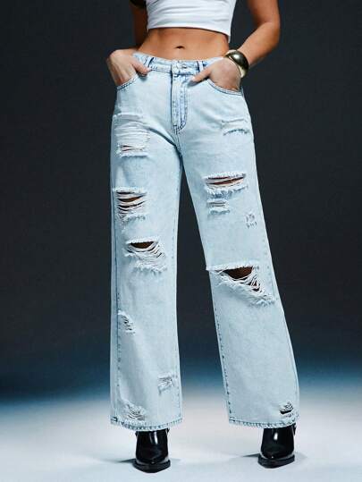 Denimoi Women's Casual Distressed Straight Leg Denim Jeans