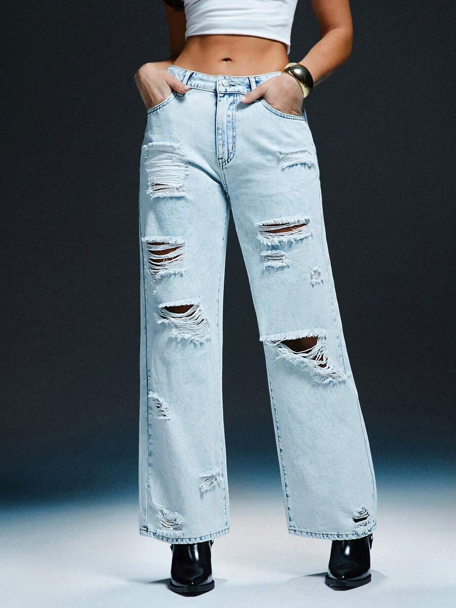 Denimoi Women's Casual Distressed Straight Leg Denim Jeans - Baby Blue - View 1