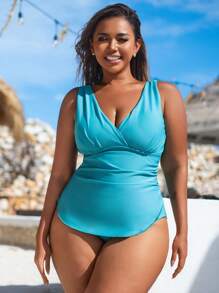SHEIN Swim Plus Size Women's Premium Solid Color Crossover Front Wrap-Around Ruched One-Piece Swimsuit For Summer Beach Vacation - Teal Blue - View 1
