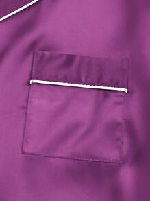 2pcs Tween Girl Champagne Solid Color Satin Spring/Autumn Long Sleeve Top And Pants Pajama Set - Purple - View 3