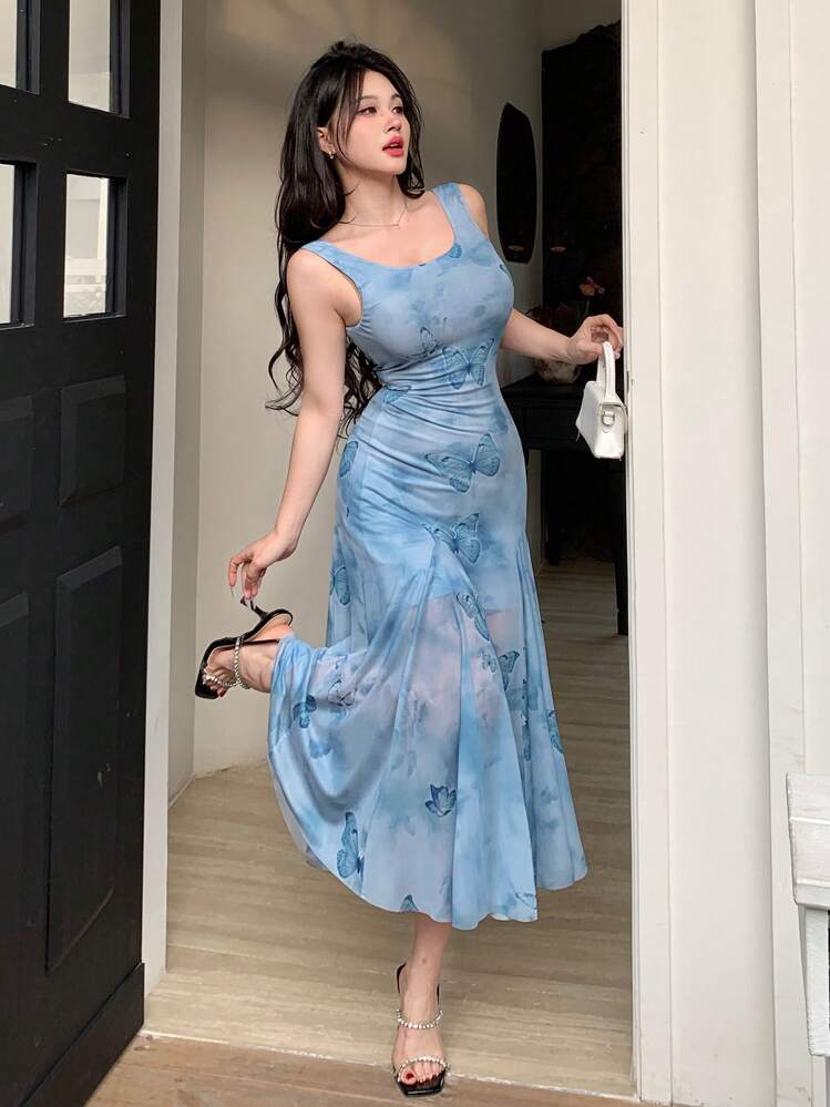 DAZY 1 pièce Robe longue à imprimé floral pour femme, robe d'été - Bleu azur - Voir 1