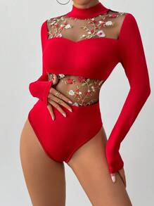 SHEIN X  Ignacia Antonia Zolique Bộ đồ liền thân thêu lưới dài tay cho nữ - Đỏ - Xem 3