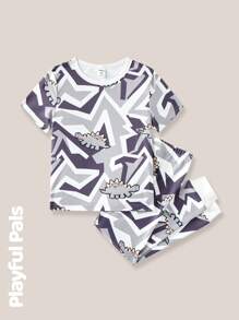 SHEIN 2pcs Young Boy Dinosaur Print Contrast Color Short Sleeve Tight Pajama Set - Multicolor - View 4
