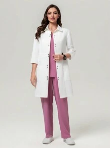 Scrubzie Bata de laboratorio larga antiarrugas para mujer, color blanco - Blanco - Ver 5