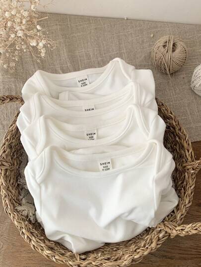 SHEIN LMoss Kids 4pcs LMoss Newborn Baby Girl Adorable Knitted Elastic Solid Color Romper Gift Set, Autumn/Winter