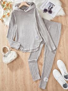 Teen Girl Long Sleeve Printed Hooded Top And Ribbed Pants 2 Pieces Set, Casual & Sweet - Apricot - View 1