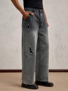 SHEIN X ELOISA & ORSON AKNOTIC Party Jeans casuales de cintura media larga y pierna recta tejidos para hombres, adecuados para combinar a diario, para rave