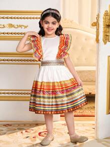 SHEIN 2pcs/Set Young Girl Ditsy Floral Ruffle Hem Blouse And Skirt Co-Ord Set - Apricot - View 5