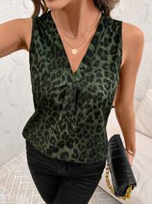 SHEIN Clasi Women's Elegant V-Neck Green Leopard Print H-Shape Blouse, Casual & Versatile For Spring/Summer - Multicolor - View 4