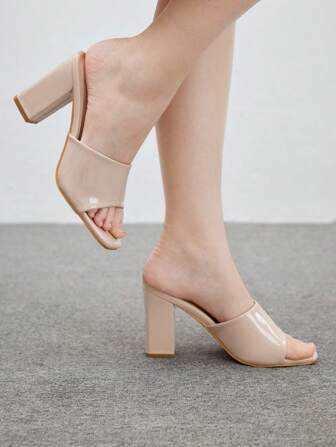 CUCCOO BIZCHIC Women's Fashion Nude Color Patent Leather Mule Chunky Heel Square Toe Sandals, Suitable For Commuting, Dating, Party, Holiday Spring Shoes Spring Break Easter