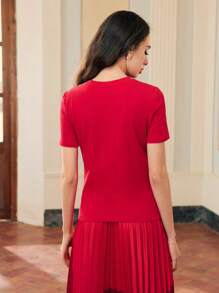 ZEYLAH STEREO FLORAL Rose SHORT SLEEVE T-SHIRT FOR Valentine's Day, NEW YEAR,SPRING/SUMMER - Red - View 3
