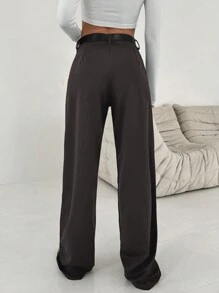 EURMUSE Women's Navy Blue Mid Rise Belted Suit Pants - Navy Blue - View 2