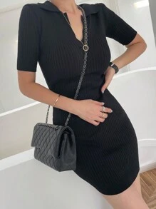 DAZY Women Short Wrap Style Short Sleeve Polo Neck Sweater Dress Fall - Black - View 4