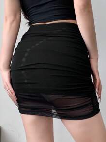 DAZY Sexy Date Outfit Mesh Patchwork Bodycon Black Skirt For Women Prom Skirt,Pencil Skirt