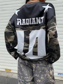 SHEIN EZwear Rave Outfits Festival  Women's Oversized V-Neck Camo Print Sweatshirt, Casual & Stylish For Everyday Wear