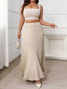 Vionelle 大码优雅休闲通勤度假纯色不对称 A 字长裙，春夏