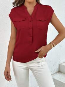 SHEIN Essnce Blusa casual y de oficina con cuello entallado de unicolor para mujeres - Burdeos - Ver 6