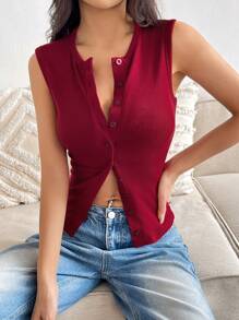 Flirla Wine Red Rib-Knit Open Front Button Sleeveless Cropped Camisole Top, Fashionable Minimalist Sweet Design, Super Stretchy & Soft, For Women Spring/Autumn