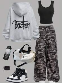 Girlism Teen Girls 3 Pieces Set: Solid Color Knit Letter Hoodie Sweatshirt, Tight Fit Camisole Top, Camouflage Cargo Pants, Casual Sports Outfit