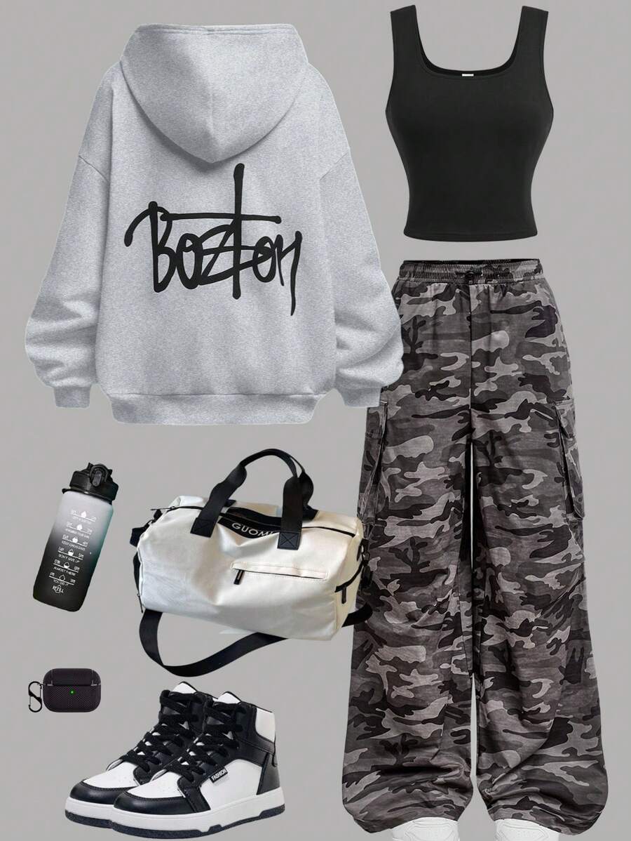 Girlism Teen Girls 3 Pieces Set: Solid Color Knit Letter Hoodie Sweatshirt, Tight Fit Camisole Top, Camouflage Cargo Pants, Casual Sports Outfit