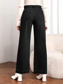EMERY ROSE Women's Casual Front Button Pocket Wide Leg Jeans - Black - View 2