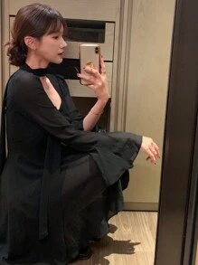 DAZY Women's Chiffon Patchwork Flare Sleeve Tie-Waist Dress, Black, Spring/Autumn Elegant,Ruffle Long Sleeve Dress - Black - View 6