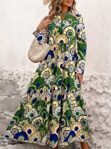 SHEIN LUNE Gaun Maxi Wanita Longgar dengan Ikatan Leher Depan dan Motif Cetak, Pakaian Musim Gugur untuk Wanita - Hijau - View 6