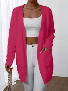 Chiquease Áo khoác cardigan dài tay màu trơn màu hồng thường ngày cho nữ, mặc hàng ngày - Màu Hồng Tươi - Xem 5