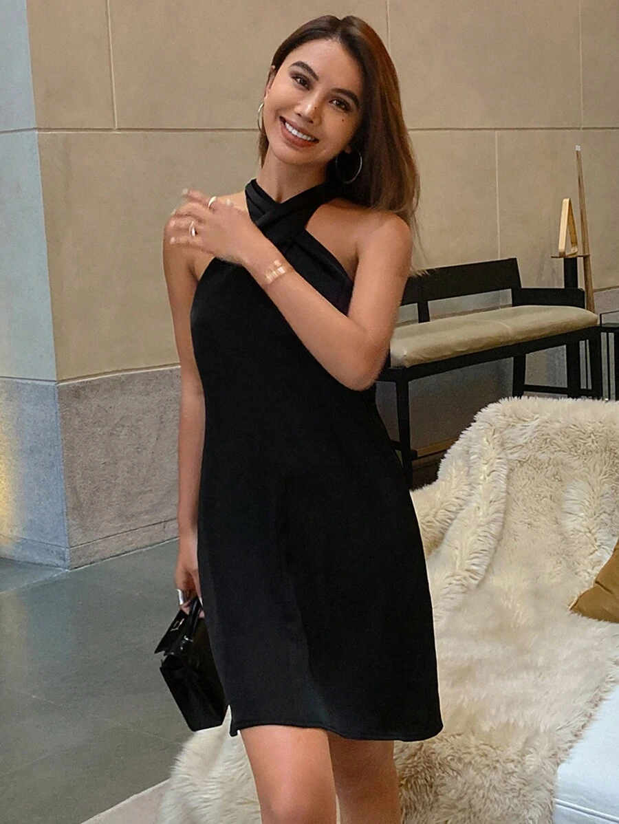 DAZY Women's Plain Halter Bodycon Casual Elegant Summer Mini Dress For Vacation Sundress - Black - View 1