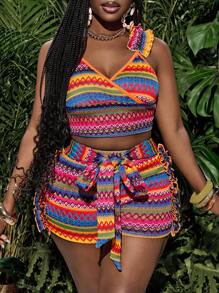 Slaydiva Boholbohemian Mùa xuân và mùa hè mới kỳ nghỉ dây đeo vai xếp nếp cổ chữ V thiết kế chồng lên nhau áo crop top + thiết kế dây thắt lưng trang trí nấm bên hông quần short mini bó họa tiết kim cương nhiều màu sắc vải dệt kim cho nữ bộ đồ hai mảnh - Nhiều màu - Xem 8