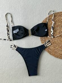 SHEIN Swim Women's Summer Beach Leopard Print Hollow Sexy Bikini Set