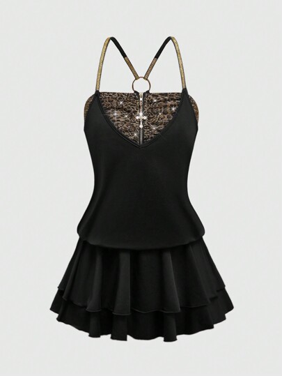 Grunge Punk Vestido corto de fiesta de cintura baja con volantes y estampado de leopardo en patchwork estilo gyaru moderno