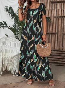 EMERY ROSE Stampato Abito Estivi Casuale con Scollo Quadrato, Vestiti Lunghi Maxi Estivi Per Le Donne