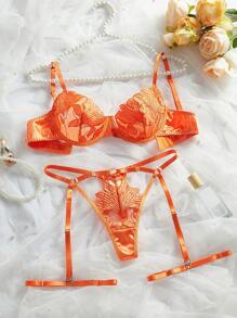 Conjunto de 4 piezas de lencería sexy con bordado romántico y detalles calados en la parte delantera