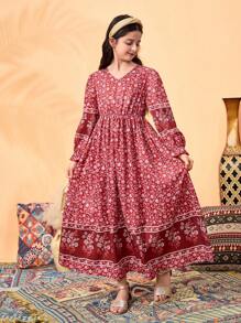 Vestido de niña preadolescente con estampado retro de flores, adecuado para viajes y ocasiones de vacaciones