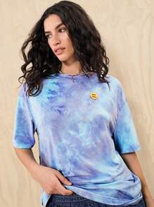 Muchica Tie Dye Patched Detail Drop Shoulder Tee - Blue and White - View 4